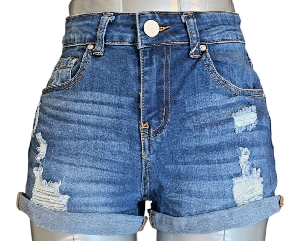 Indigo Rein Shorts Women 3 Stretch High Rise Distressed Denim (W26 L2)